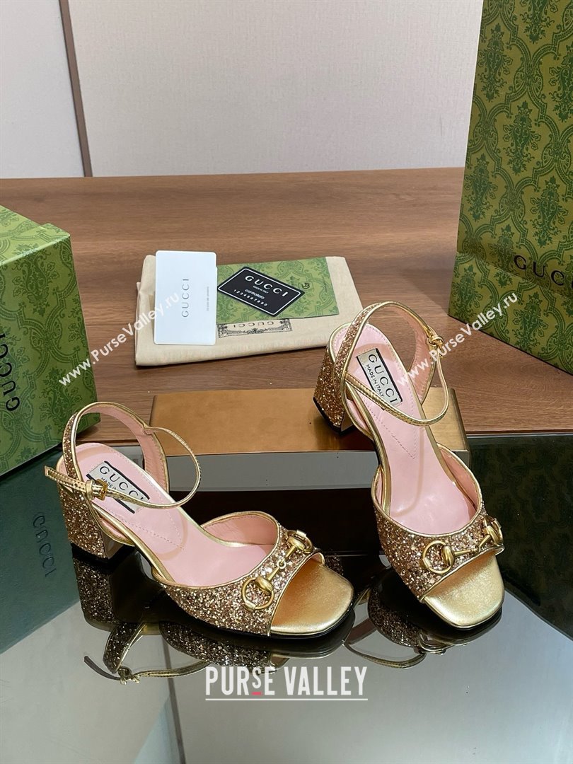 Gucci Womens Horsebit mid-heel sandal with crystals 771696 gold 2024 (kaola-240416-10)