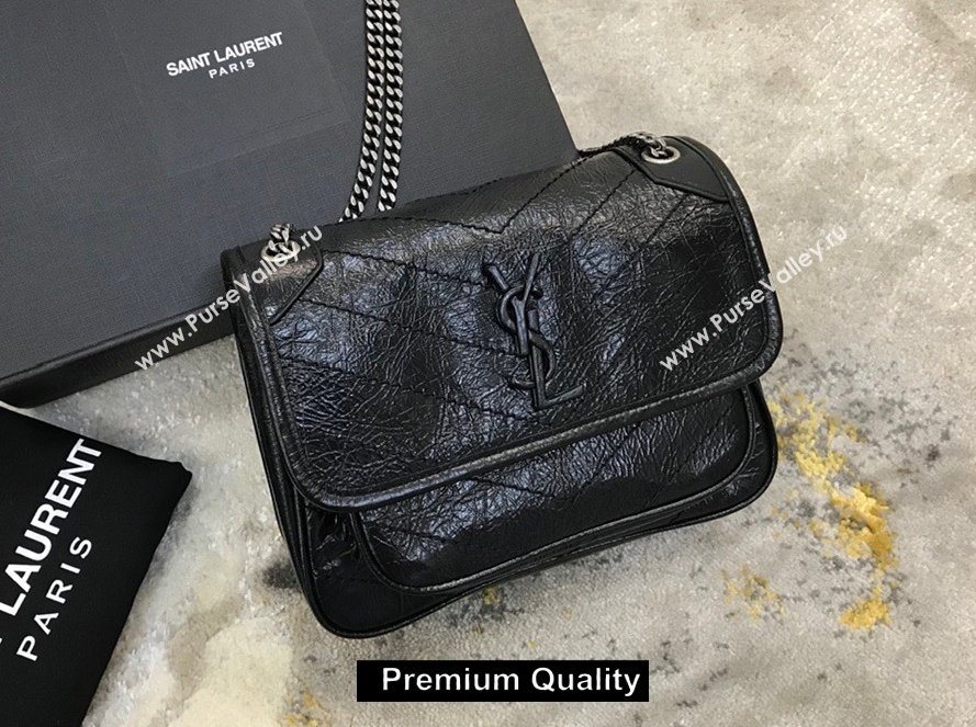 Saint Laurent Niki Baby Bag in Vintage Leather 533037 Black with silver chain (yida-6871)