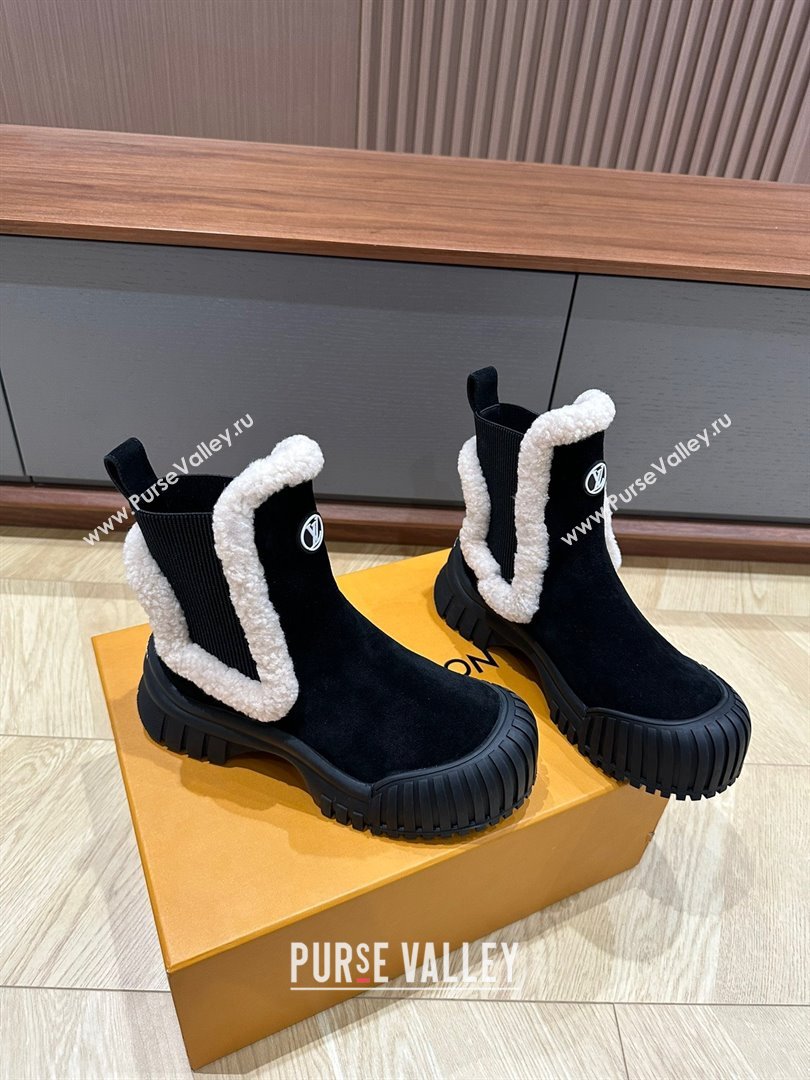 Louis Vuitton LV Ski Ruby Flat Ankle Boots Suede calf leather and shearling Black 2023 (kaola-23102703)