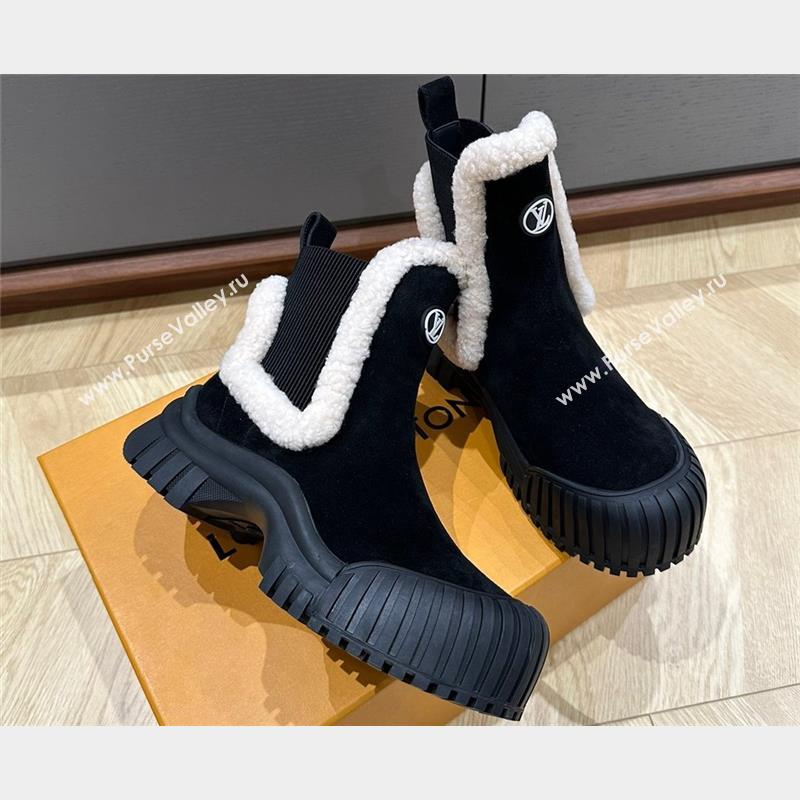 Louis Vuitton LV Ski Ruby Flat Ankle Boots Suede calf leather and shearling Black 2023 (kaola-23102703)