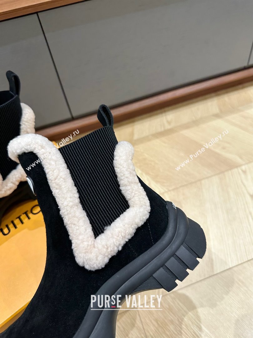 Louis Vuitton LV Ski Ruby Flat Ankle Boots Suede calf leather and shearling Black 2023 (kaola-23102703)