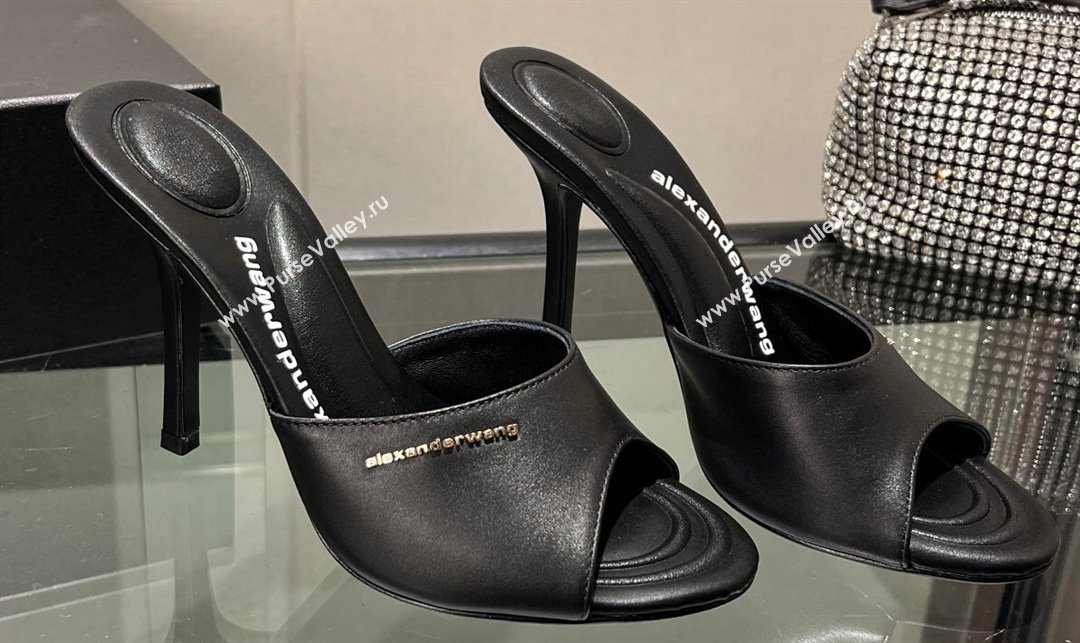 Alexander Wang Heel 10cm Lucienne Mules in Leather Black 2024 (modeng-24010554)
