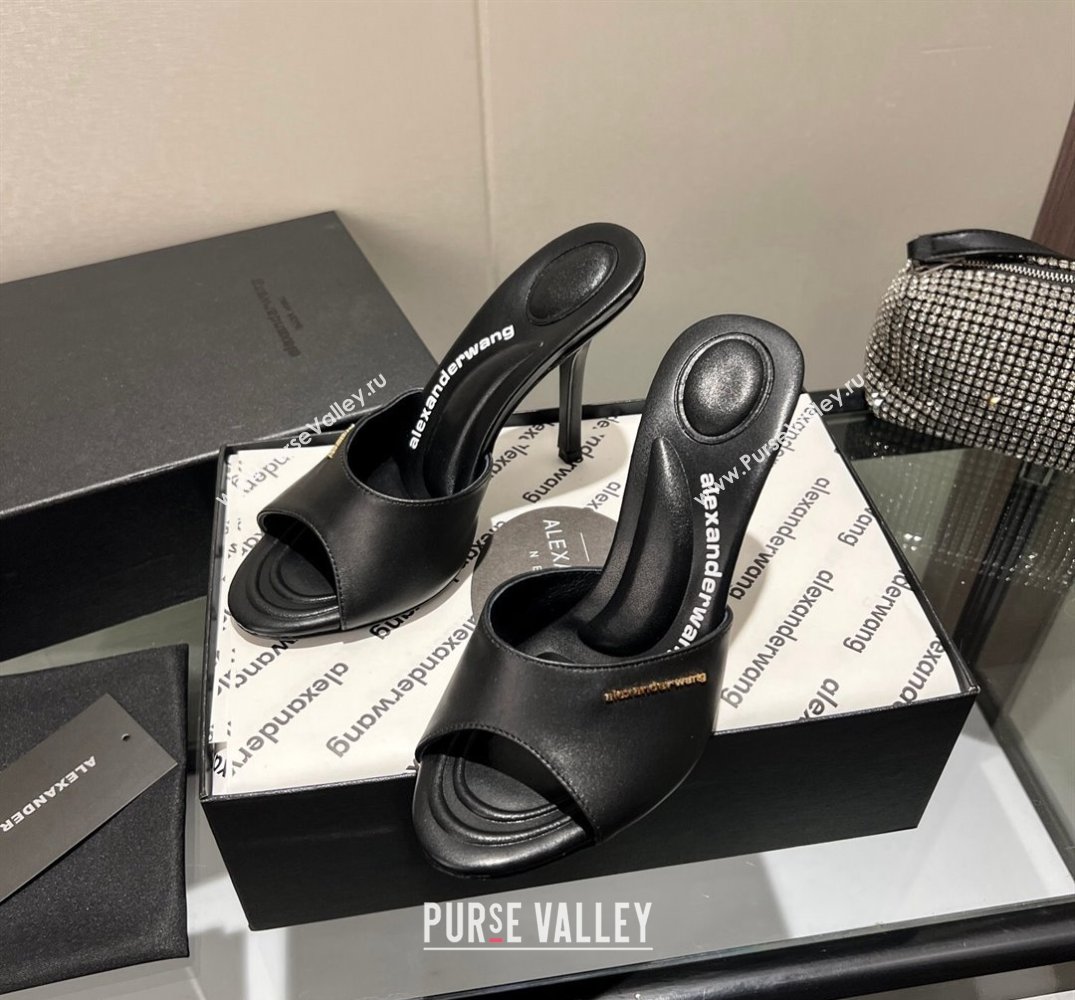 Alexander Wang Heel 10cm Lucienne Mules in Leather Black 2024 (modeng-24010554)