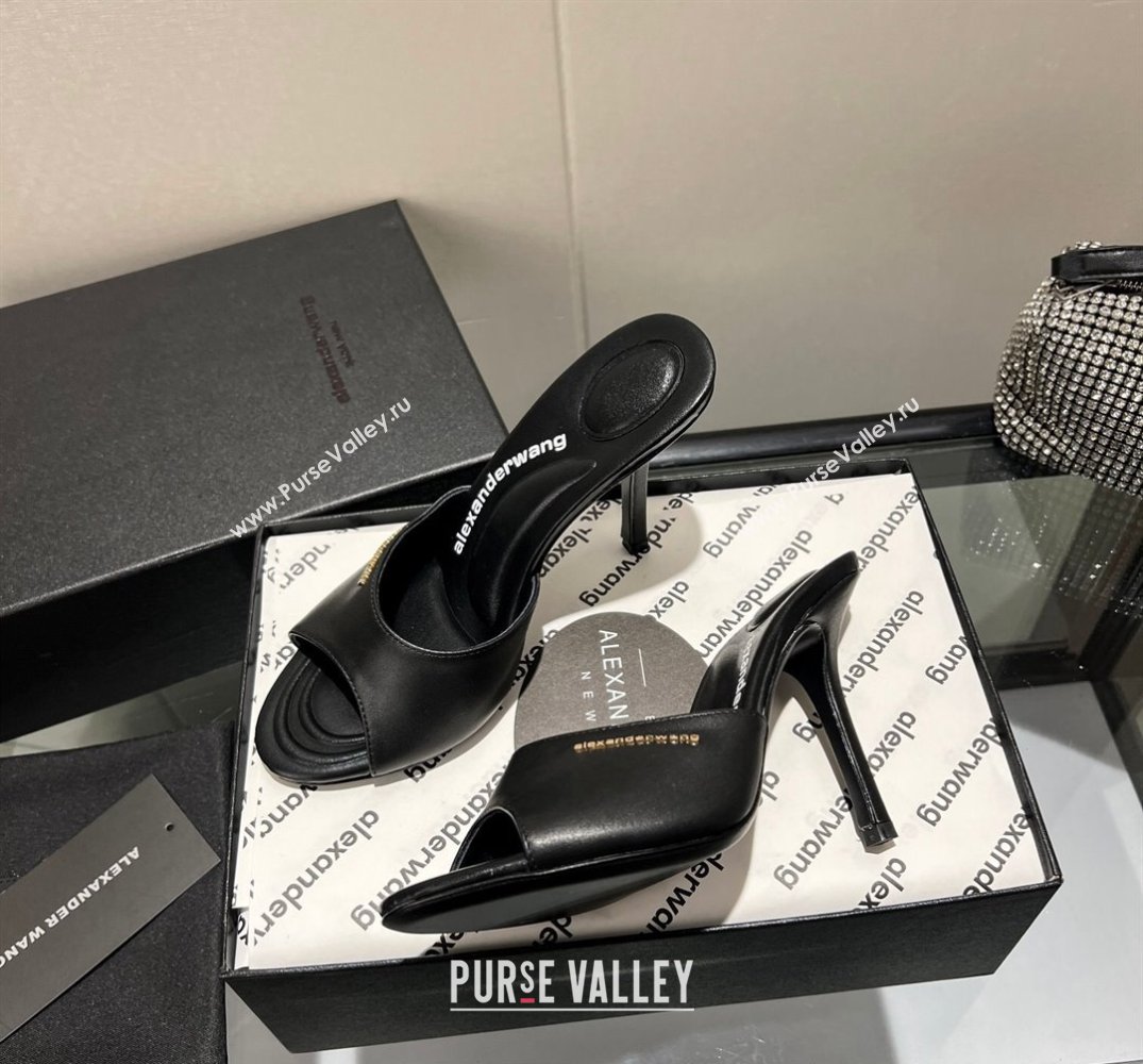 Alexander Wang Heel 10cm Lucienne Mules in Leather Black 2024 (modeng-24010554)
