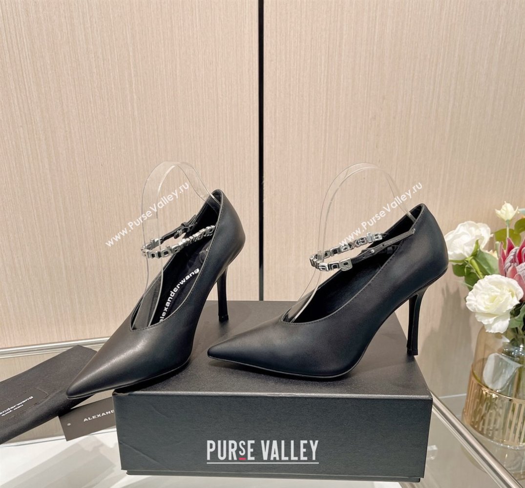 Alexander Wang Heel 10cm delphine ankle strap pumps in leather Black 2024 (modeng-24010562)