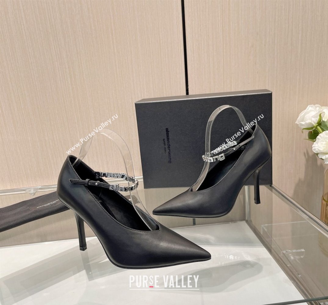 Alexander Wang Heel 10cm delphine ankle strap pumps in leather Black 2024 (modeng-24010562)