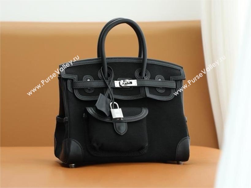 hermes birkin 25 cargo swift leather/canvas black (full handmade) (ayan-240418-03)