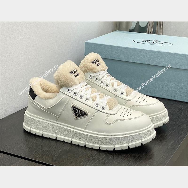 Prada Leather and shearling sneakers 1E947M white 2023 (kaola-231009-05)