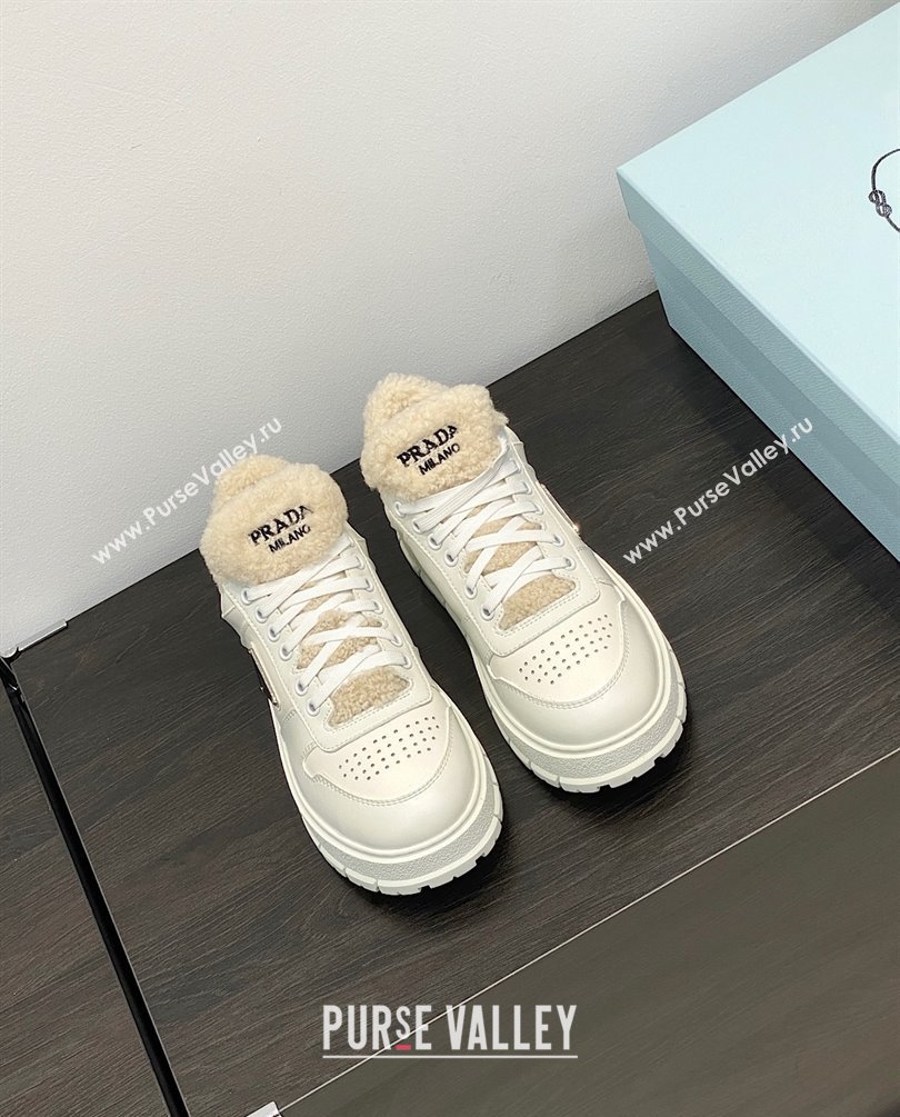 Prada Leather and shearling sneakers 1E947M white 2023 (kaola-231009-05)