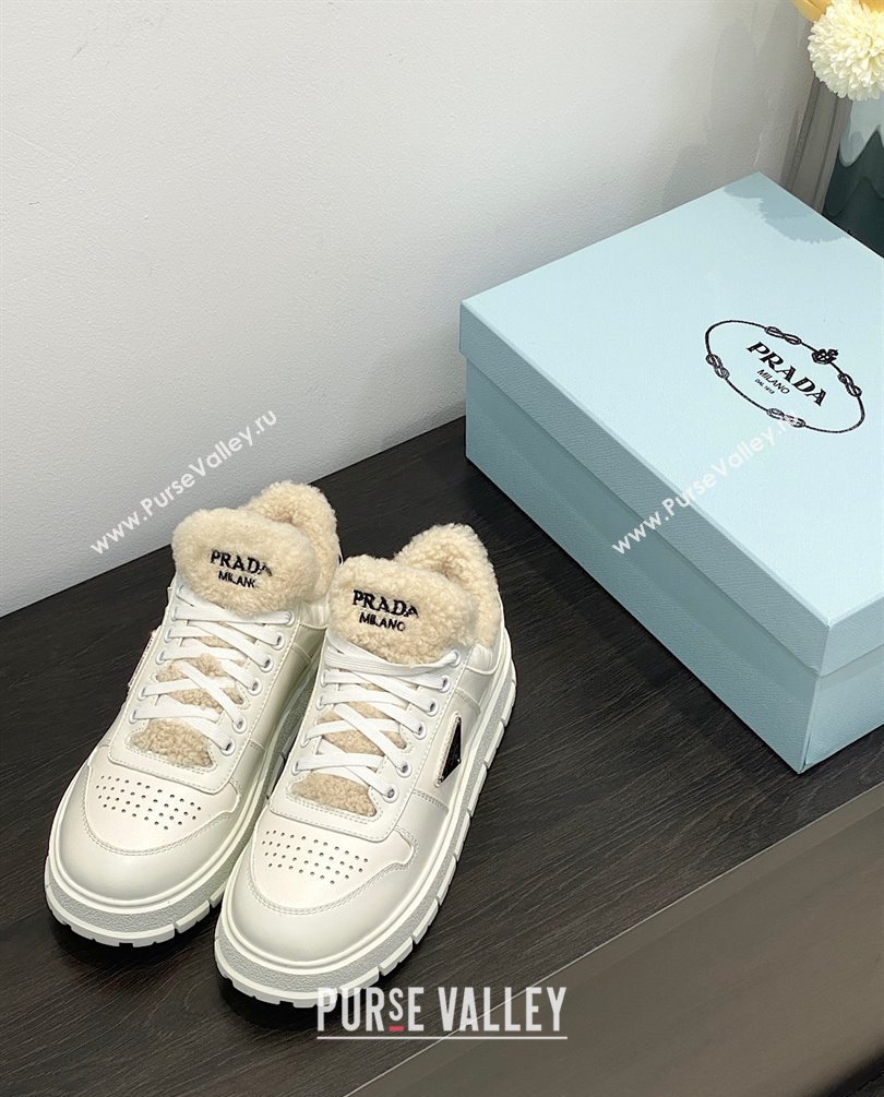 Prada Leather and shearling sneakers 1E947M white 2023 (kaola-231009-05)