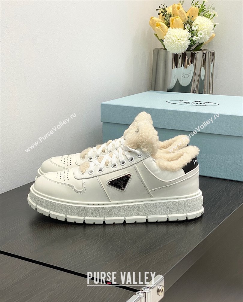 Prada Leather and shearling sneakers 1E947M white 2023 (kaola-231009-05)