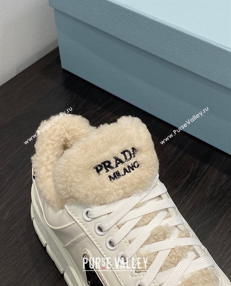 Prada Leather and shearling sneakers 1E947M white 2023 (kaola-231009-05)