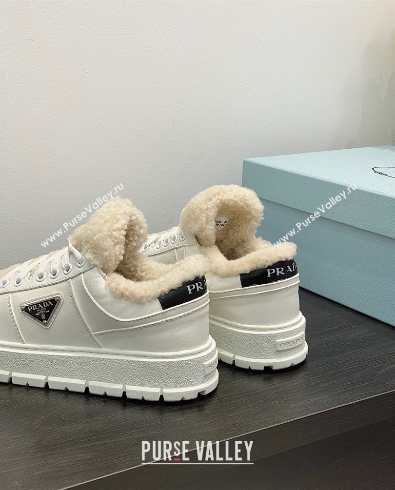 Prada Leather and shearling sneakers 1E947M white 2023 (kaola-231009-05)