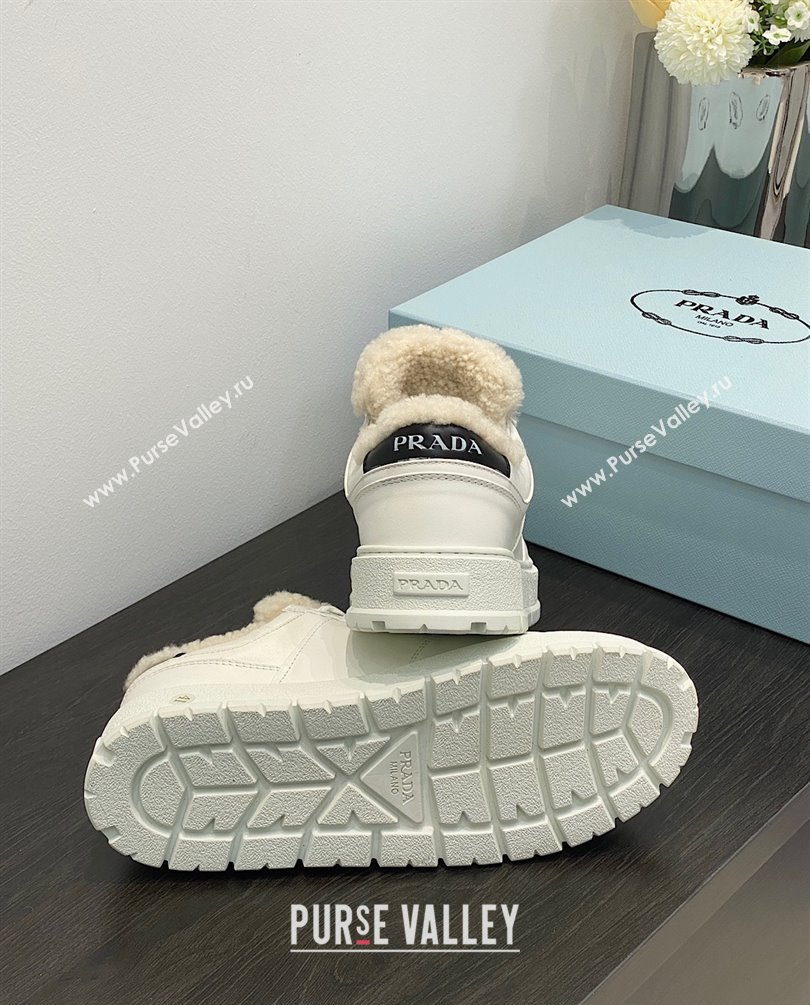 Prada Leather and shearling sneakers 1E947M white 2023 (kaola-231009-05)