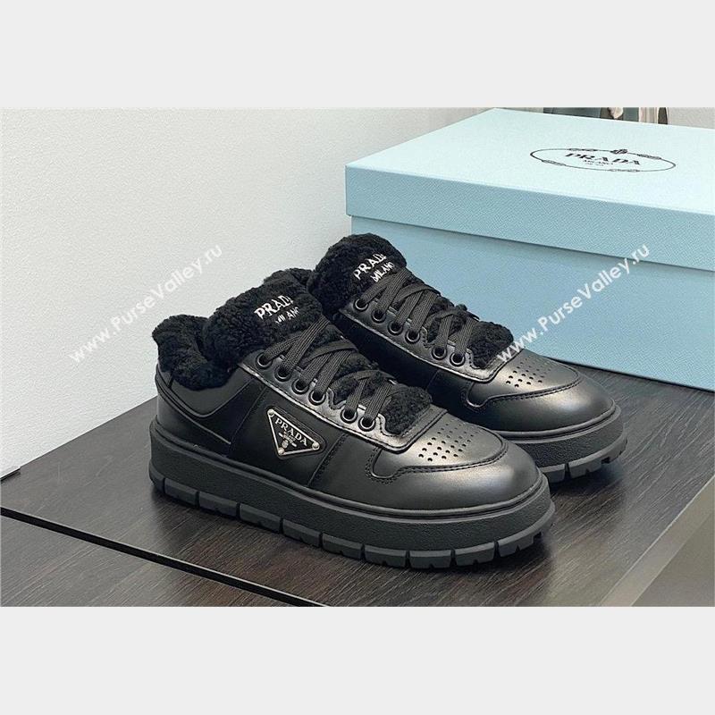 Prada Leather and shearling sneakers 1E947M black 2023 (kaola-231009-06)