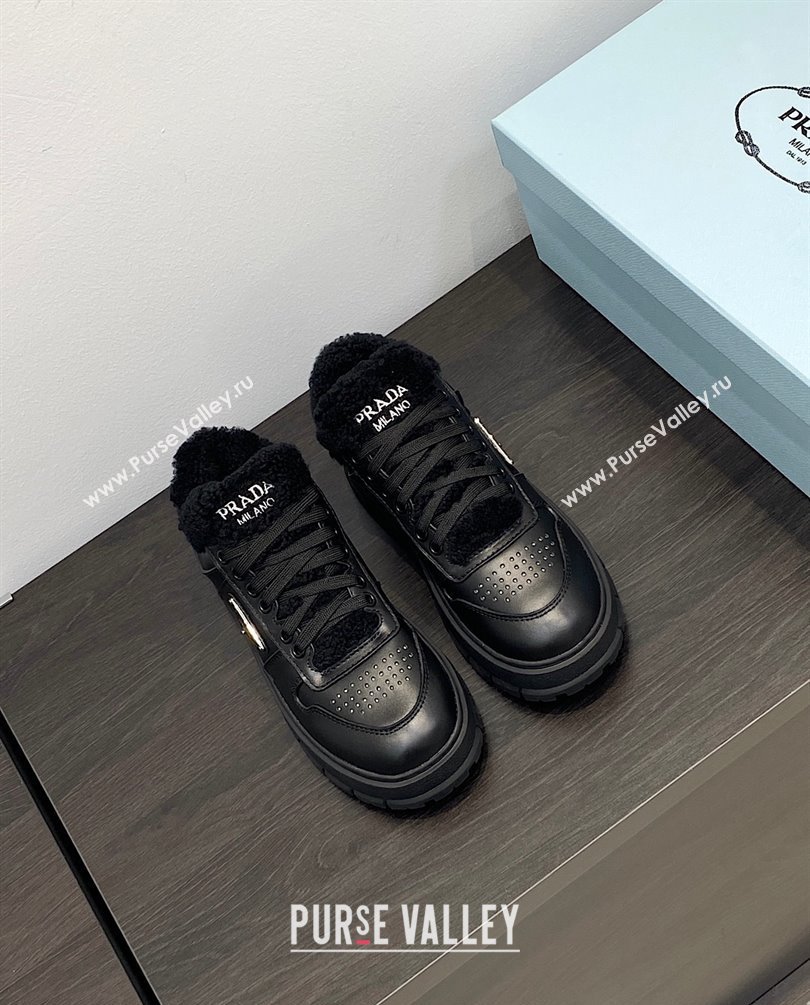 Prada Leather and shearling sneakers 1E947M black 2023 (kaola-231009-06)