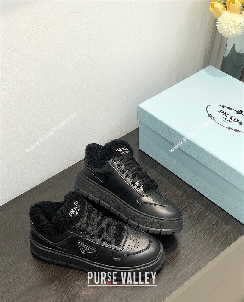Prada Leather and shearling sneakers 1E947M black 2023 (kaola-231009-06)