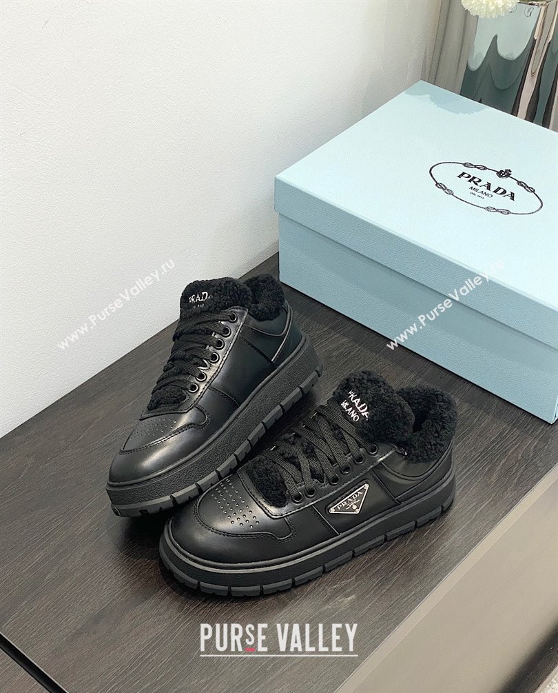 Prada Leather and shearling sneakers 1E947M black 2023 (kaola-231009-06)