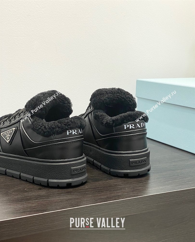 Prada Leather and shearling sneakers 1E947M black 2023 (kaola-231009-06)