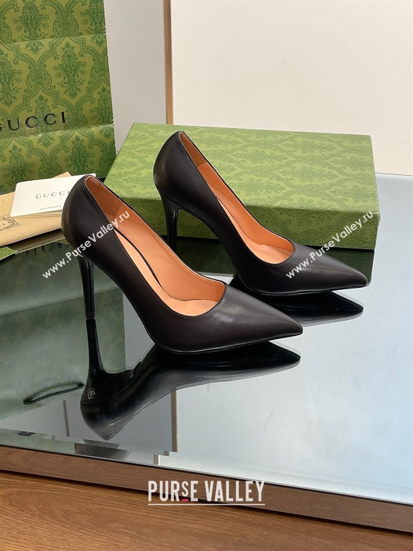 Gucci Heel 10.5cm Leather Pointy Toe Pumps Black 2023 (kaola-23103001)