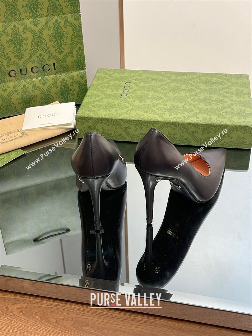 Gucci Heel 10.5cm Leather Pointy Toe Pumps Black 2023 (kaola-23103001)