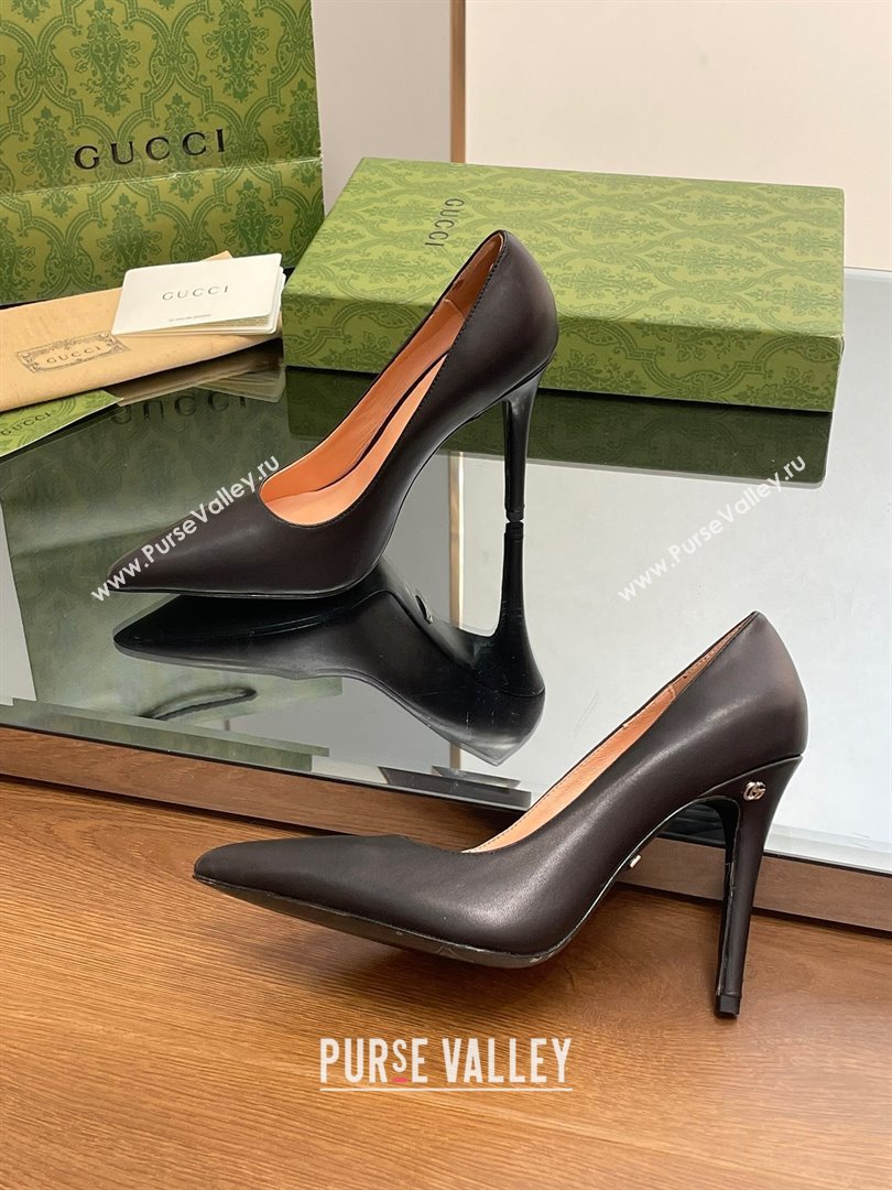 Gucci Heel 10.5cm Leather Pointy Toe Pumps Black 2023 (kaola-23103001)