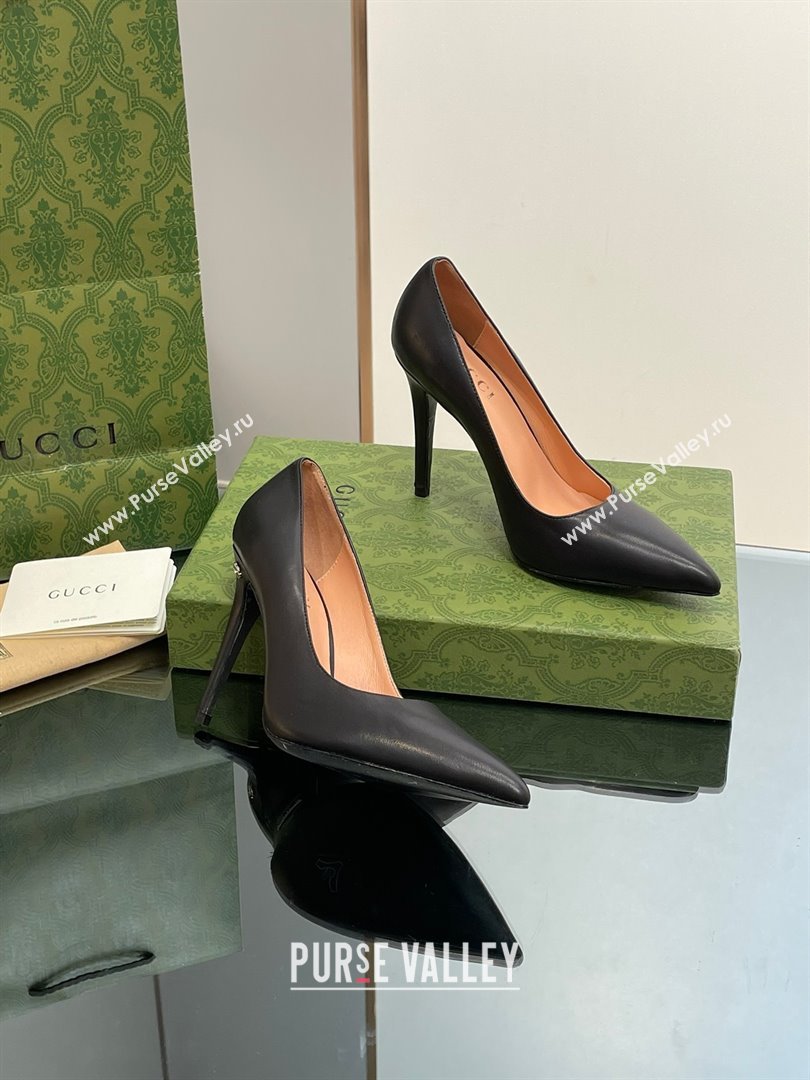 Gucci Heel 10.5cm Leather Pointy Toe Pumps Black 2023 (kaola-23103001)