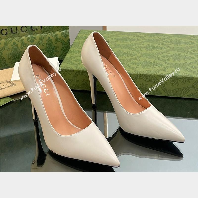 Gucci Heel 10.5cm Leather Pointy Toe Pumps Creamy 2023 (kaola-23103004)