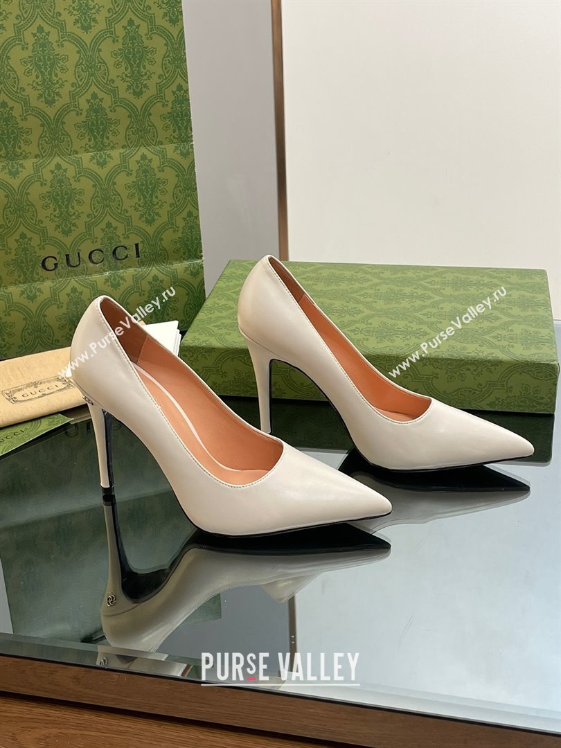 Gucci Heel 10.5cm Leather Pointy Toe Pumps Creamy 2023 (kaola-23103004)