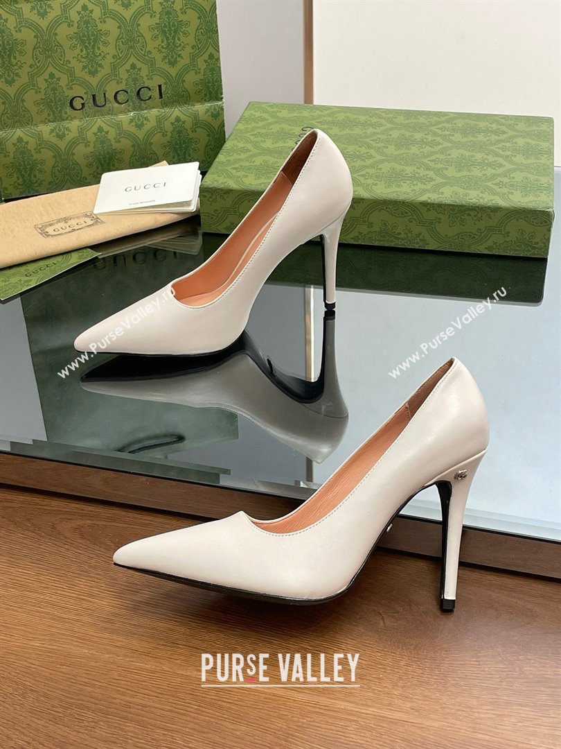 Gucci Heel 10.5cm Leather Pointy Toe Pumps Creamy 2023 (kaola-23103004)