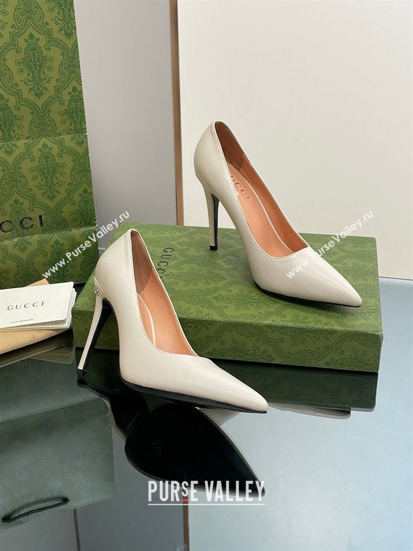 Gucci Heel 10.5cm Leather Pointy Toe Pumps Creamy 2023 (kaola-23103004)