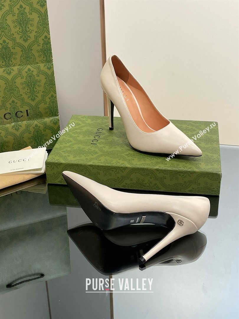 Gucci Heel 10.5cm Leather Pointy Toe Pumps Creamy 2023 (kaola-23103004)