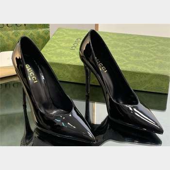 Gucci Heel 10.5cm Leather Pointy Toe Pumps Patent Black 2023 (kaola-23103007)