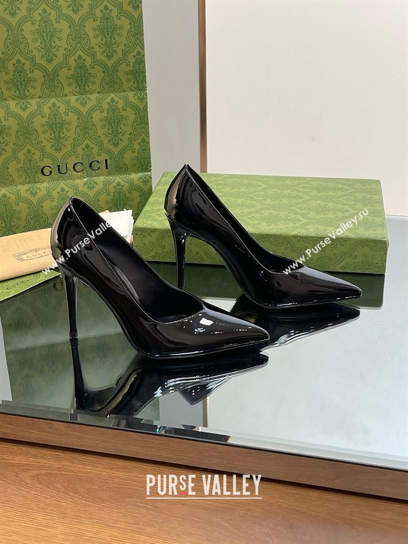 Gucci Heel 10.5cm Leather Pointy Toe Pumps Patent Black 2023 (kaola-23103007)