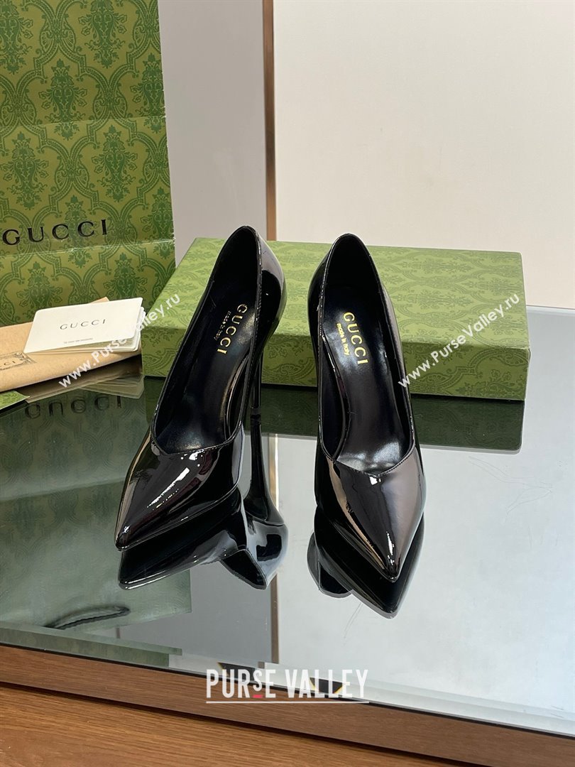 Gucci Heel 10.5cm Leather Pointy Toe Pumps Patent Black 2023 (kaola-23103007)