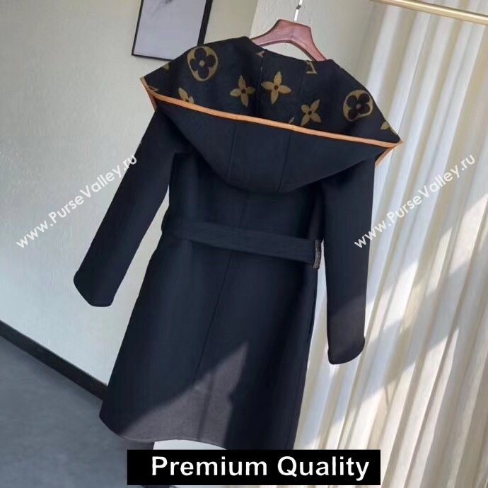 louis vuitton hooded wrap cashmere coat with belt 1A82GP BLACK/BEIGE 2020 (qiqi-20206971)