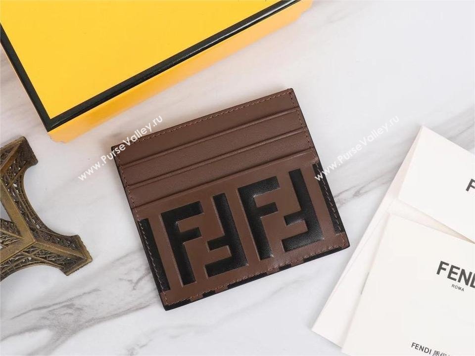 fendi Brown leather flat business card holder (guoguo-231212-01)