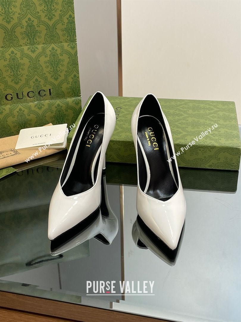 Gucci Heel 10.5cm Leather Pointy Toe Pumps Patent White 2023 (kaola-23103011)