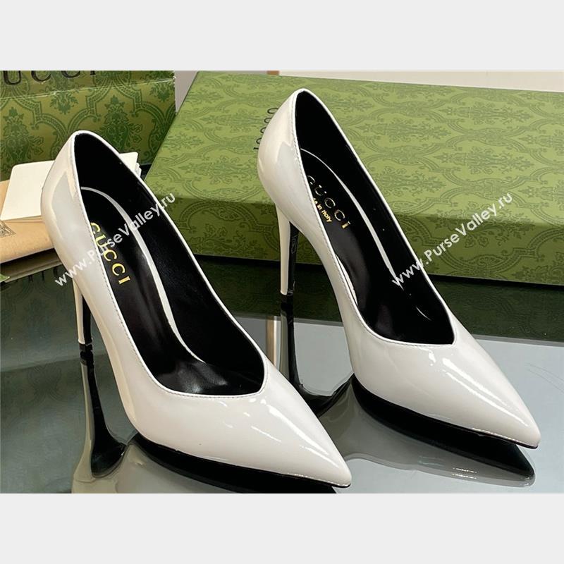 Gucci Heel 10.5cm Leather Pointy Toe Pumps Patent White 2023 (kaola-23103011)