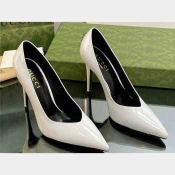 Gucci Heel 10.5cm Leather Pointy Toe Pumps Patent White 2023 (kaola-23103011)