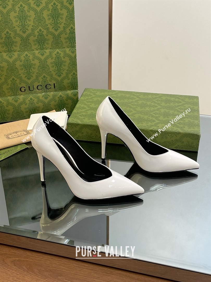 Gucci Heel 10.5cm Leather Pointy Toe Pumps Patent White 2023 (kaola-23103011)