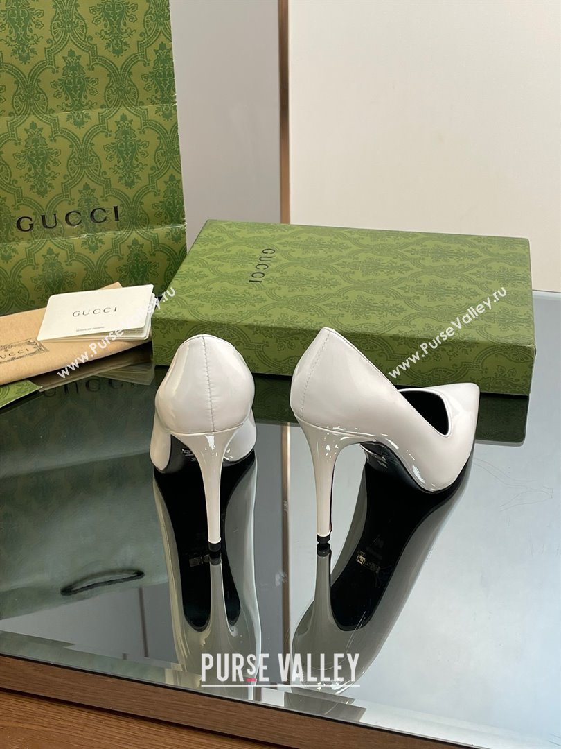 Gucci Heel 10.5cm Leather Pointy Toe Pumps Patent White 2023 (kaola-23103011)