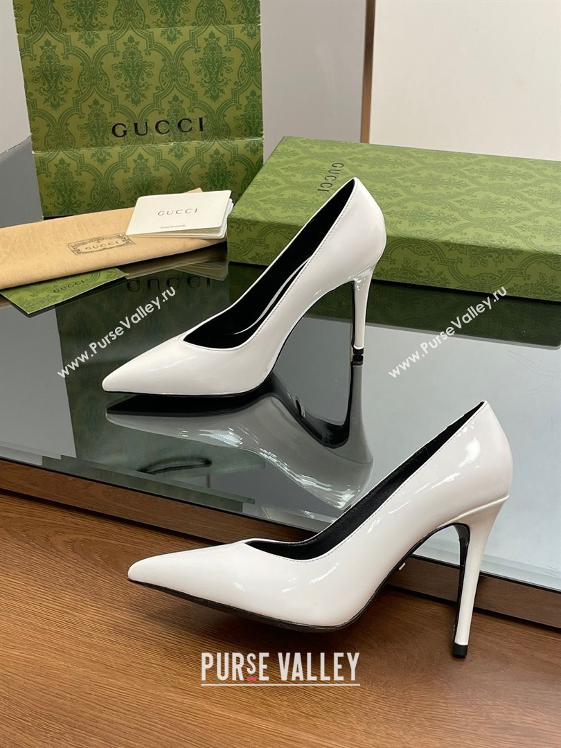 Gucci Heel 10.5cm Leather Pointy Toe Pumps Patent White 2023 (kaola-23103011)