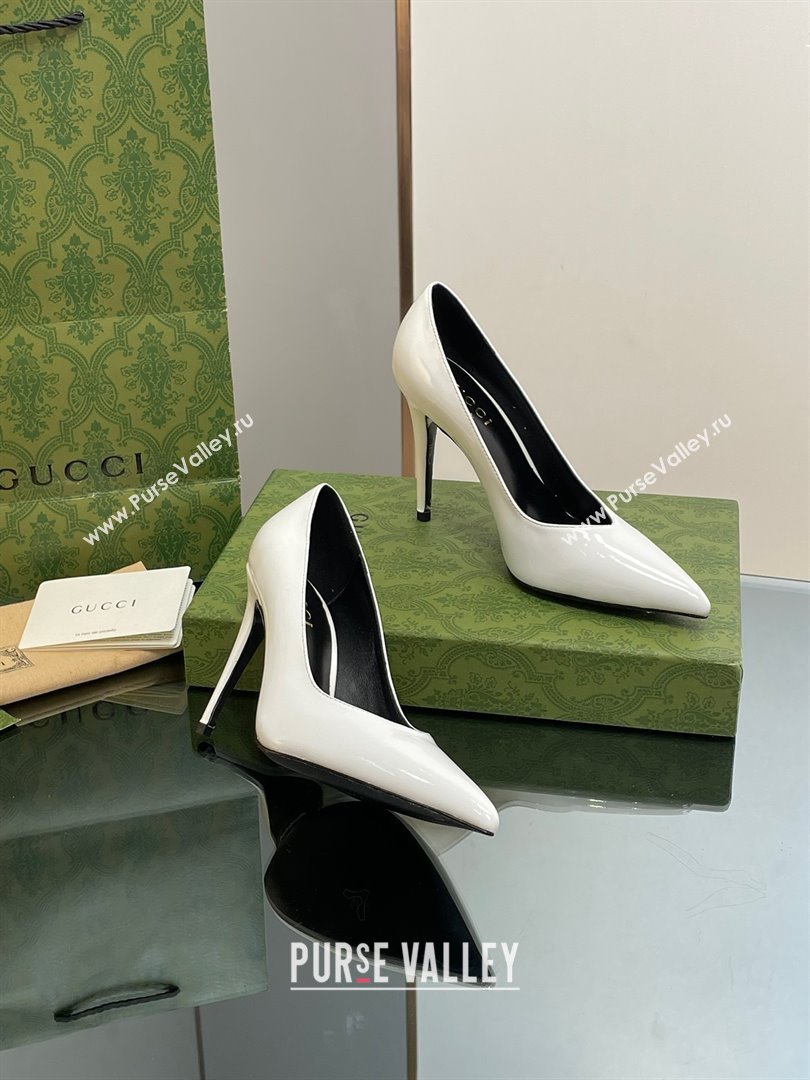 Gucci Heel 10.5cm Leather Pointy Toe Pumps Patent White 2023 (kaola-23103011)
