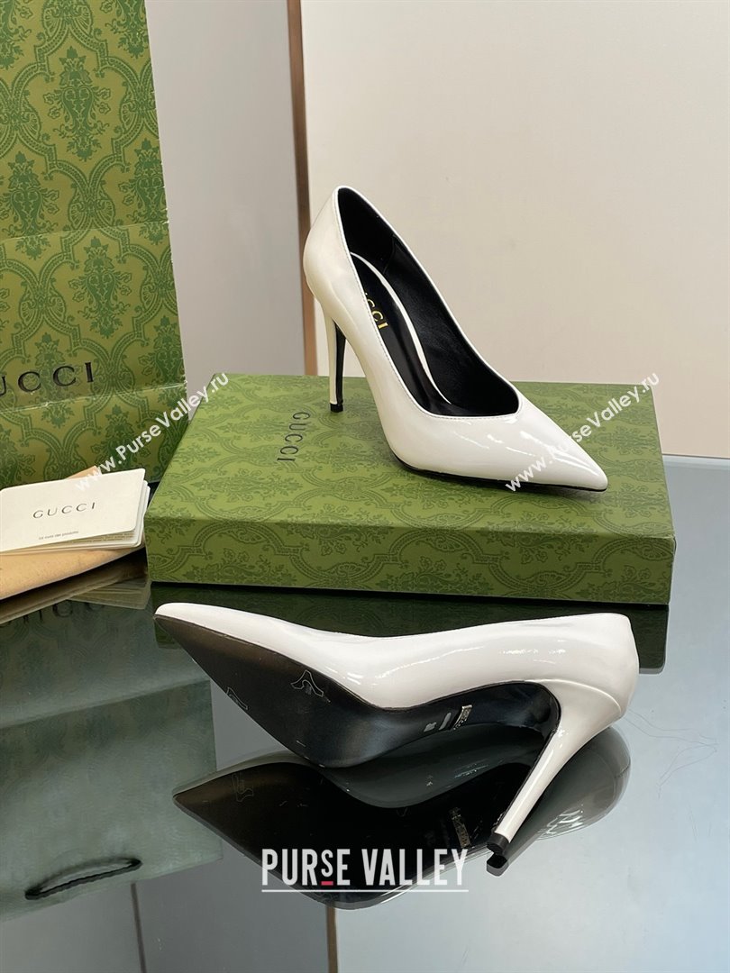Gucci Heel 10.5cm Leather Pointy Toe Pumps Patent White 2023 (kaola-23103011)