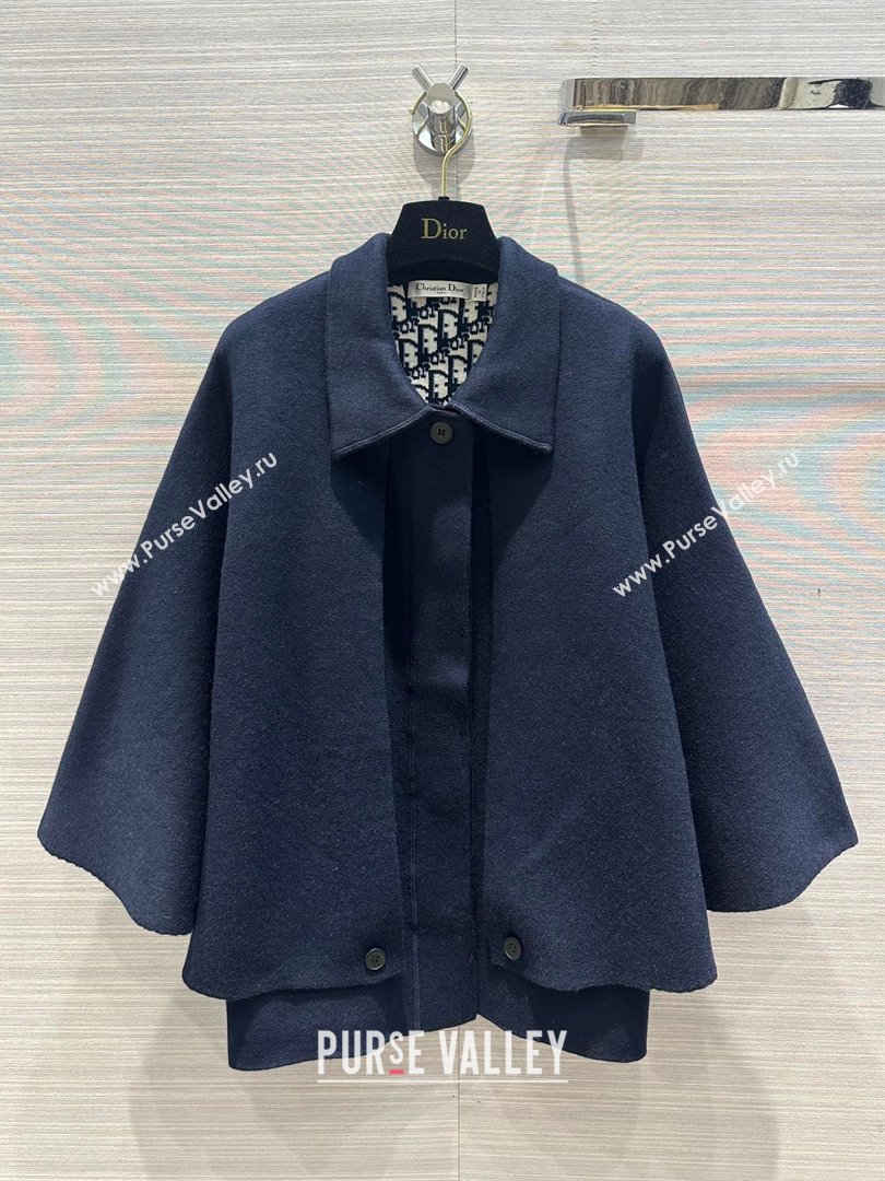 dior Navy Blue Double-Sided Virgin Wool and Silk with Dior Oblique Interior Cape-Effect Peacoat 2023 (qiqi-231212-01)