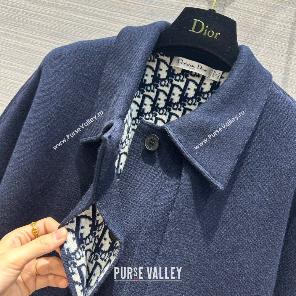 dior Navy Blue Double-Sided Virgin Wool and Silk with Dior Oblique Interior Cape-Effect Peacoat 2023 (qiqi-231212-01)