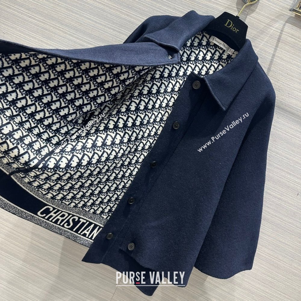 dior Navy Blue Double-Sided Virgin Wool and Silk with Dior Oblique Interior Cape-Effect Peacoat 2023 (qiqi-231212-01)