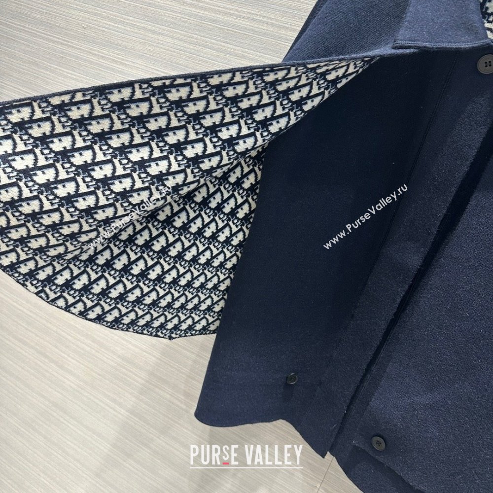 dior Navy Blue Double-Sided Virgin Wool and Silk with Dior Oblique Interior Cape-Effect Peacoat 2023 (qiqi-231212-01)