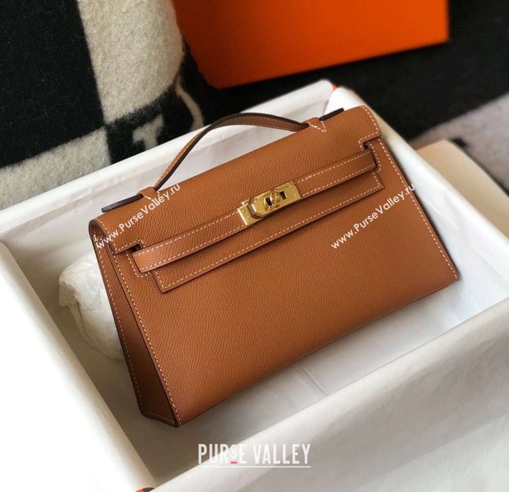 HERMES KELLY 22 EPSOM LEATHER CLUTCH BAG IN CAMEL (FULI-6931)